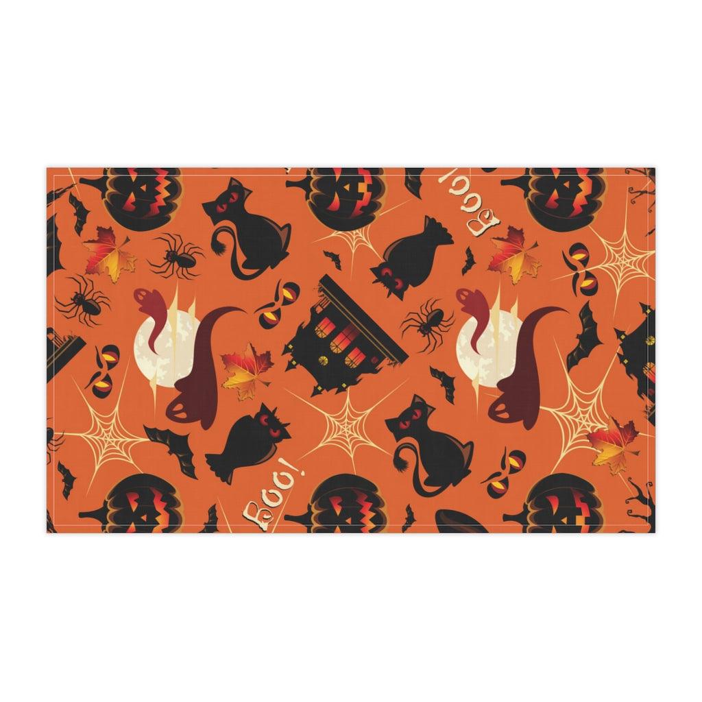 Halloween Black Cat, Bats & Ghost Orange Cotton Twill Kitchen Towel | lovevisionkarma.com