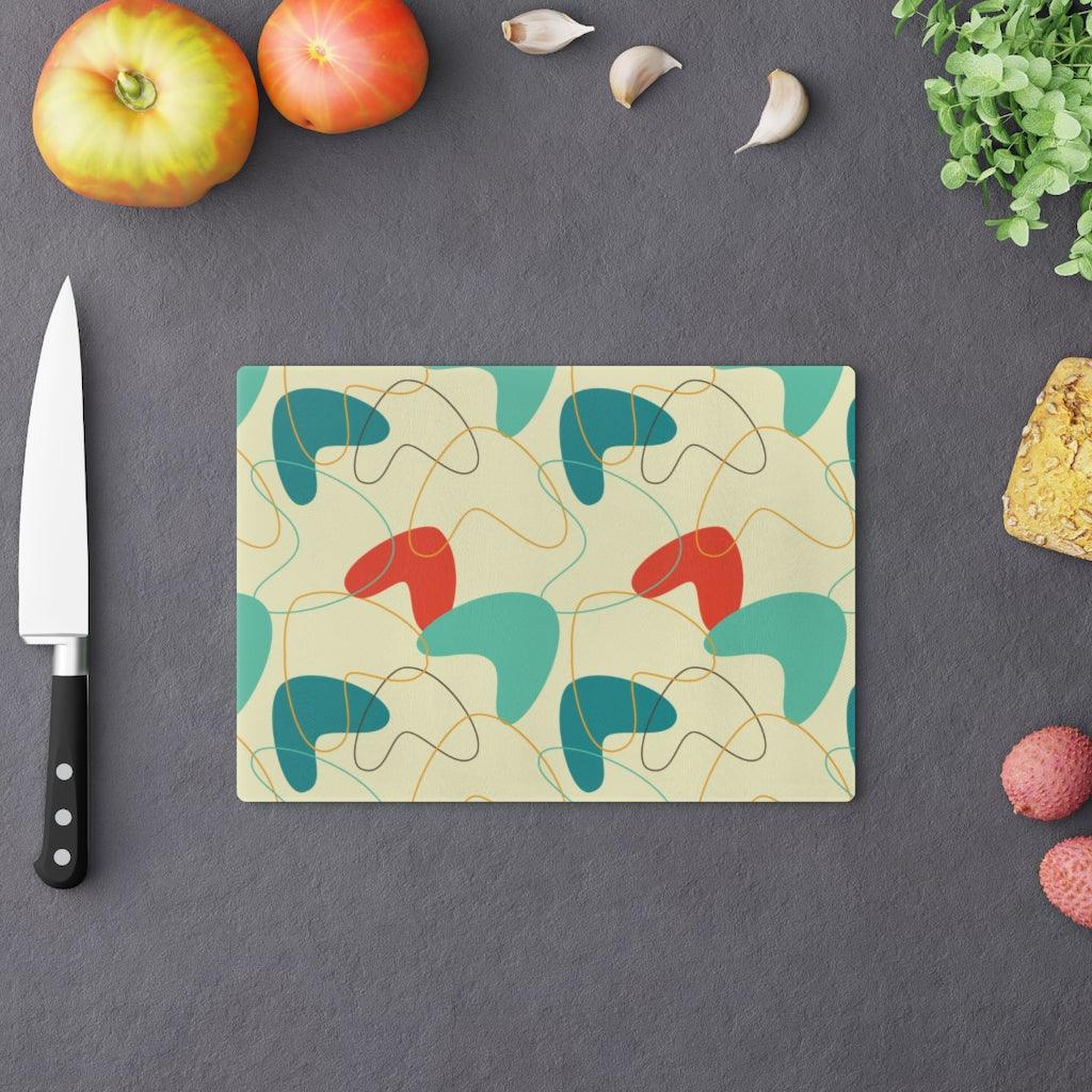Mid Century Atomic Boomerang Blue/Cream Glass Cutting Board | lovevisionkarma.com
