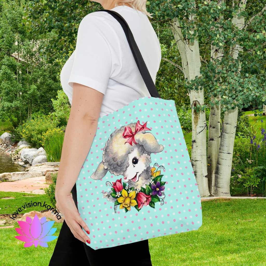 Retro Lamb Vintage Easter Kitsch MCM Blue Tote Bag | lovevisionkarma.com