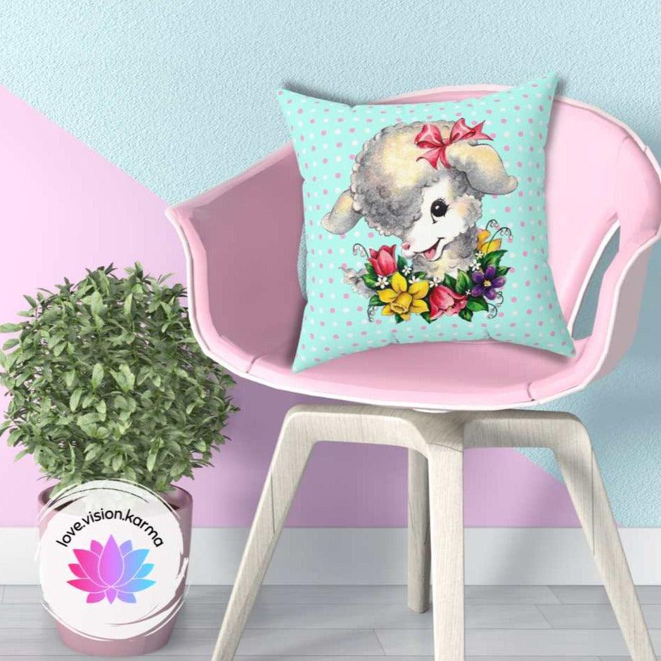 Easter Kitsch Vintage Lamb Blue MCM Pillow | lovevisionkarma.com