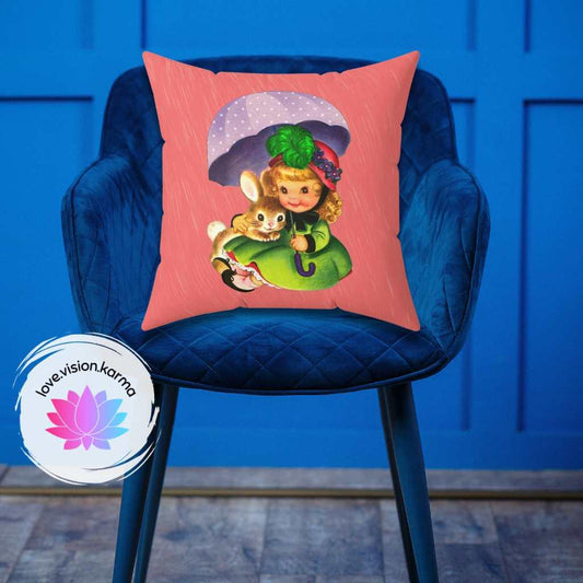 Vintage Easter, Girl with Bunny Kitschy Cute Coral MCM Throw Pillow | lovevisionkarma.com