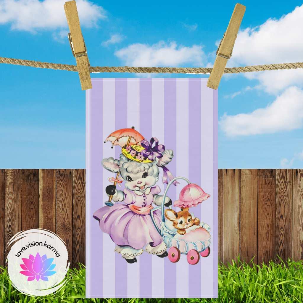 Vintage Easter Lamb and Bunny Kitschy Cute Lilac Kitchen Tea Towel | lovevisionkarma.com