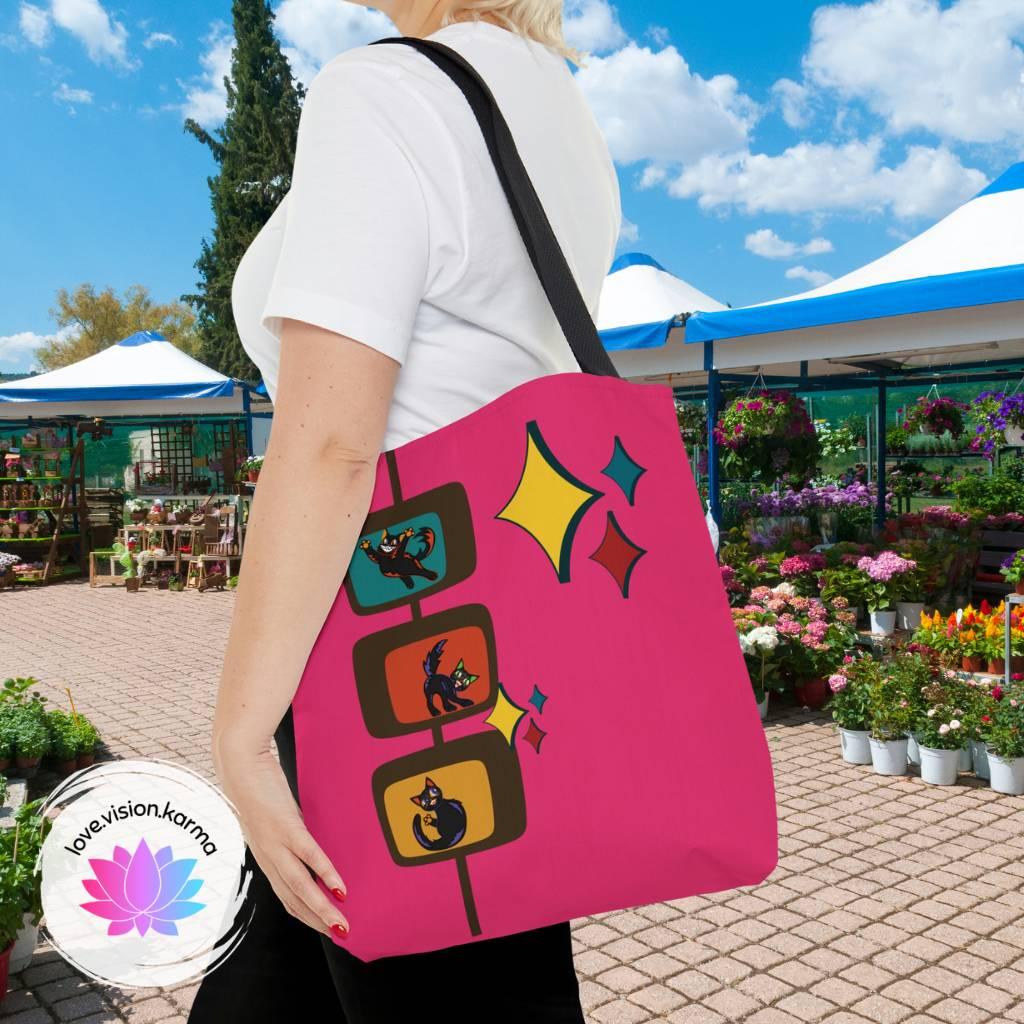 Retro Atomic Kitschy Kitties Mid Century Mod Pink Tote Bag | lovevisionkarma.com