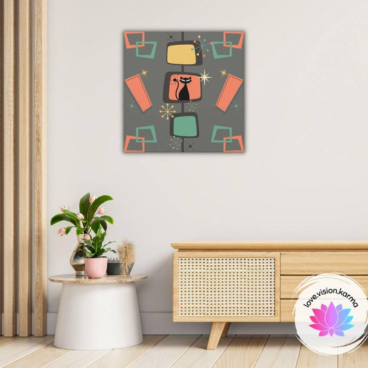 Retro Atomic Cat Mid Century Burst Chic Coral & Gray Canvas Gallery Wrap | lovevisionkarma.com