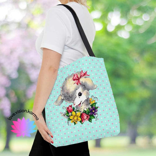 Retro Lamb Vintage Easter Kitsch MCM Blue Tote Bag | lovevisionkarma.com