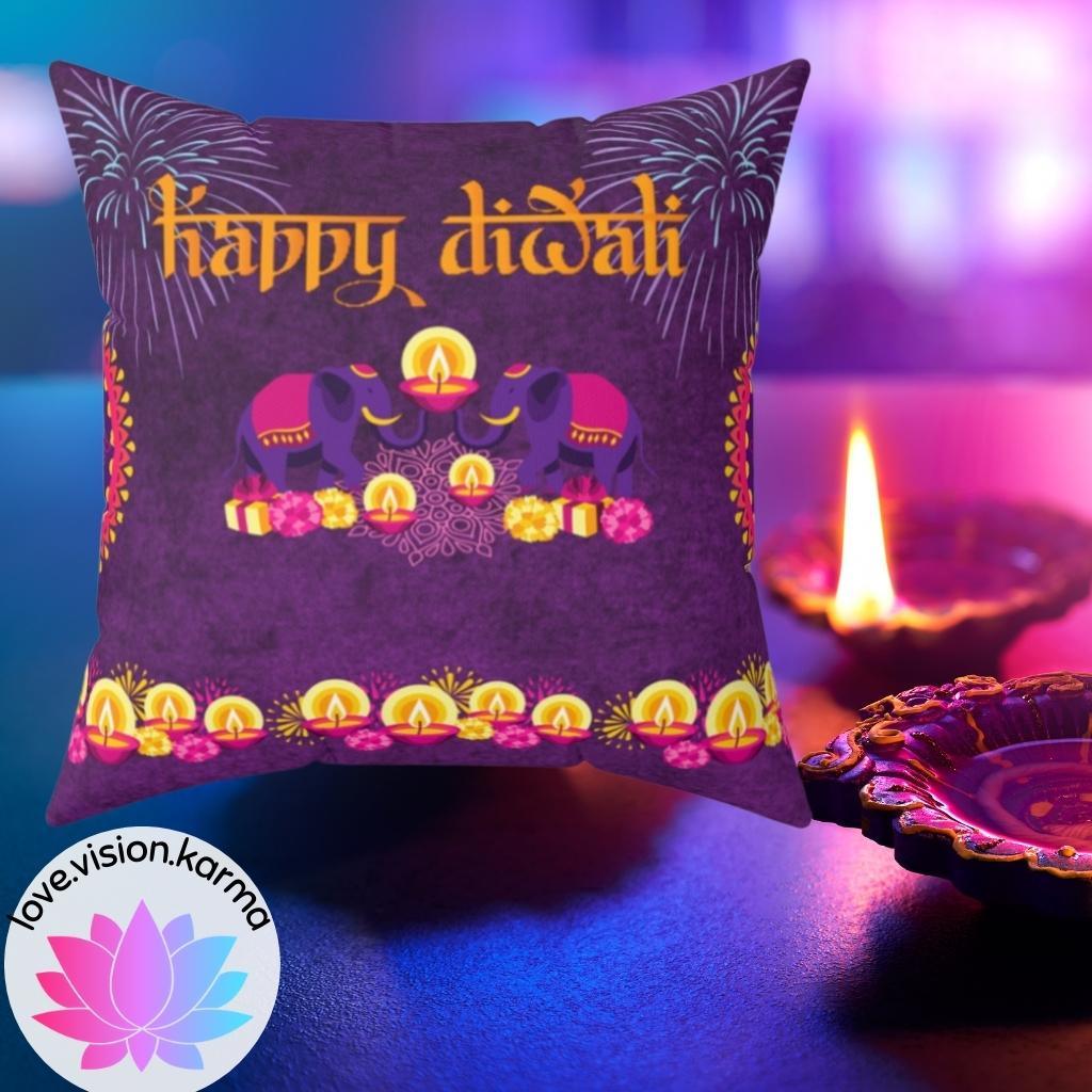 Happy Diwali Home Decor with Diyas & Elephants Purple Throw Pillow | lovevisionkarma.com