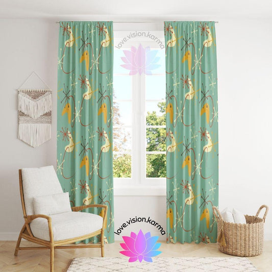 Atomic Bursts & Boomerangs Mid Century Blue & Mustard Curtains | lovevisionkarma.com