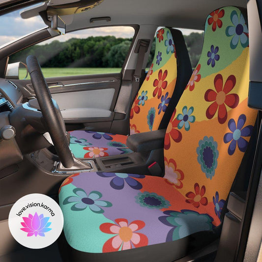 Cute and Groovy Hippie Flowers Rainbow Car Seat Covers | lovevisionkarma.com