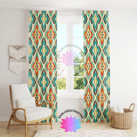 Retro MCM Flowers Orange & Blue Curtain Panels | lovevisionkarma.com