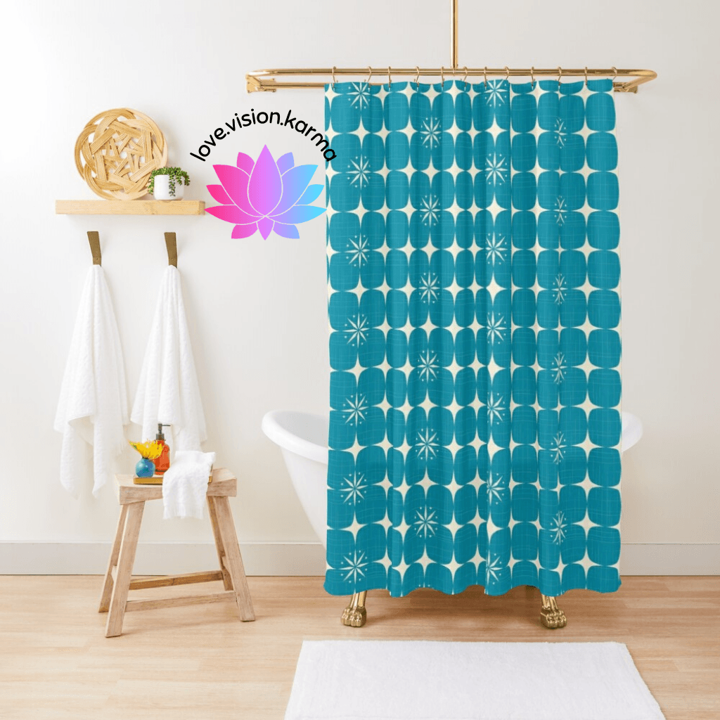 Retro Atomic Starburst Blue Mid Century Modern Shower Curtain | lovevisionkarma.com