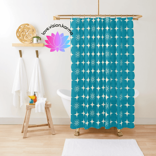 Retro Atomic Starburst Blue Mid Century Modern Shower Curtain | lovevisionkarma.com