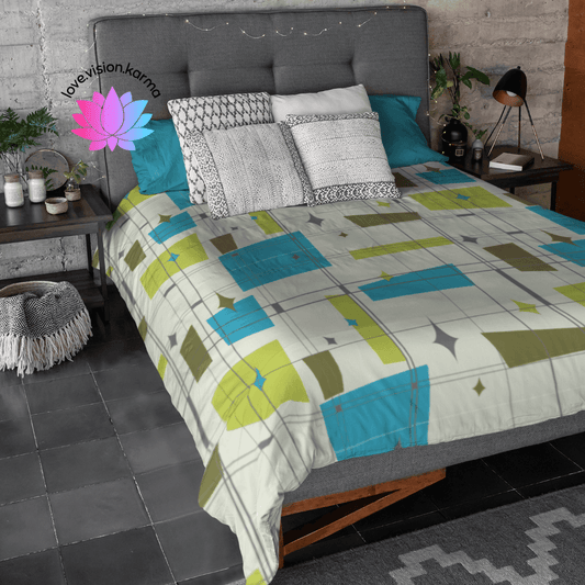 Retro 1950's Abstract Blue & Green Mid Century Modern Duvet Cover | lovevisionkarma.com