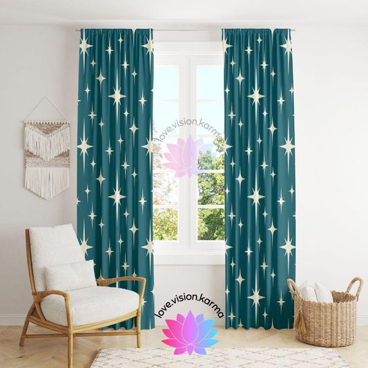 Retro Atomic Starburst Cream on Blue MCM Curtains | lovevisionkarma.com