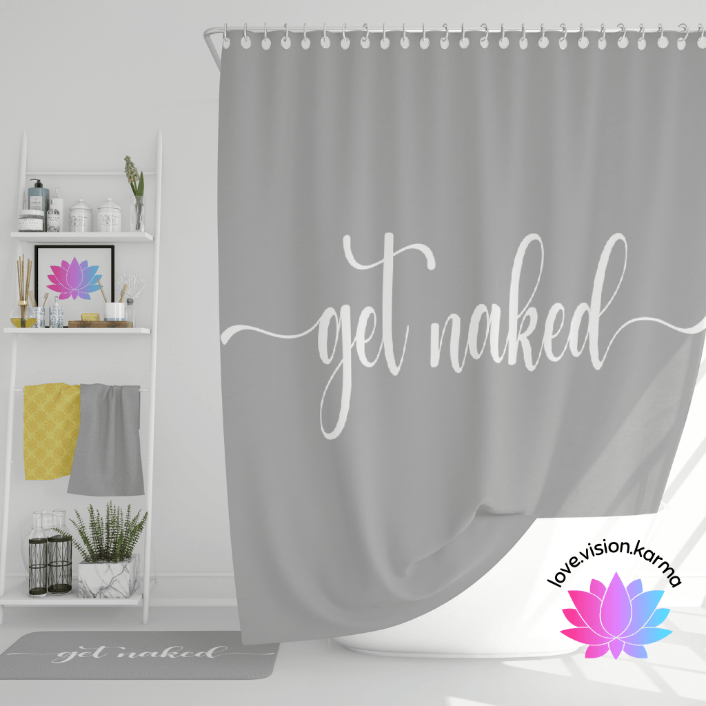 "Get Naked" Grey Funny Modern Minimalist Shower Curtain | lovevisionkarma.com