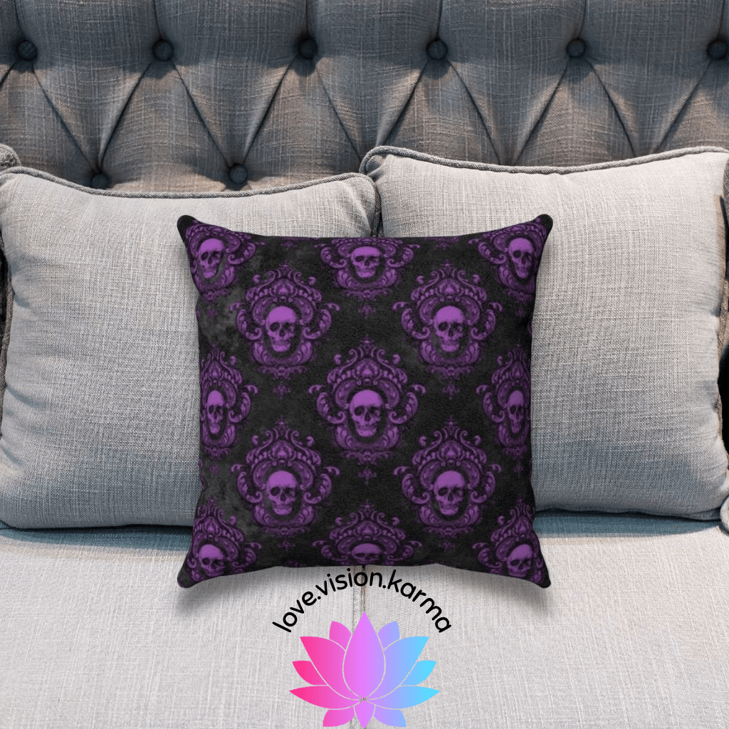 Gothic Purple Skulls on Black Halloween Pillow - Goth Glam Decor | lovevisionkarma.com
