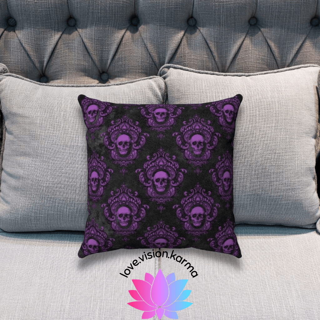 Gothic Purple Skulls on Black Halloween Pillow Goth Glam
