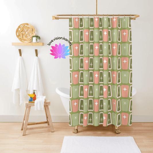 Atomic Burst Mid Century Mod Green & Pink Shower Curtain | lovevisionkarma.com