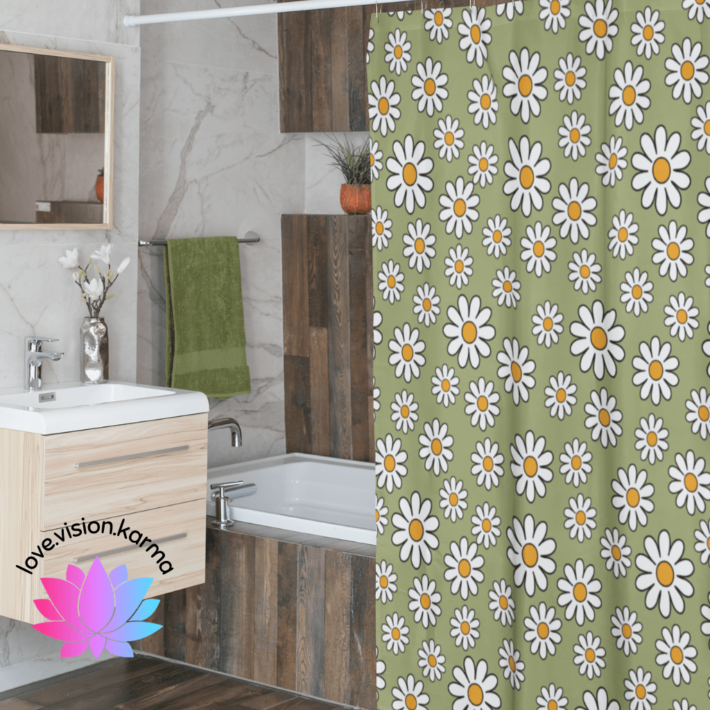 Retro Daisy Sage Green MCM Boho Shower Curtain | lovevisionkarma.com