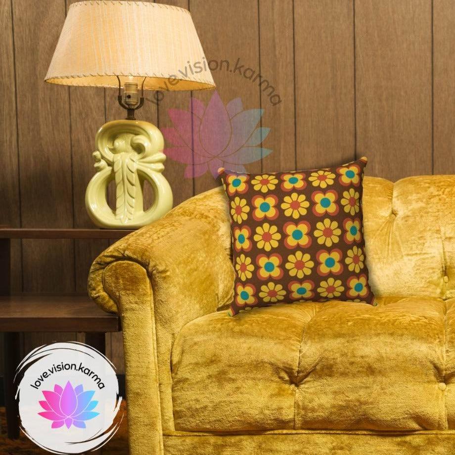 Retro 70s Mod Flowers Yellow & Brown MCM Pillow | lovevisionkarma.com