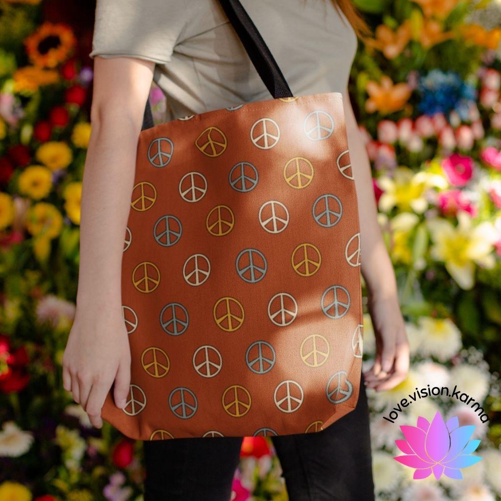 Boho Peace Sign Rust Color Hippie MCM Tote Bag | lovevisionkarma.com