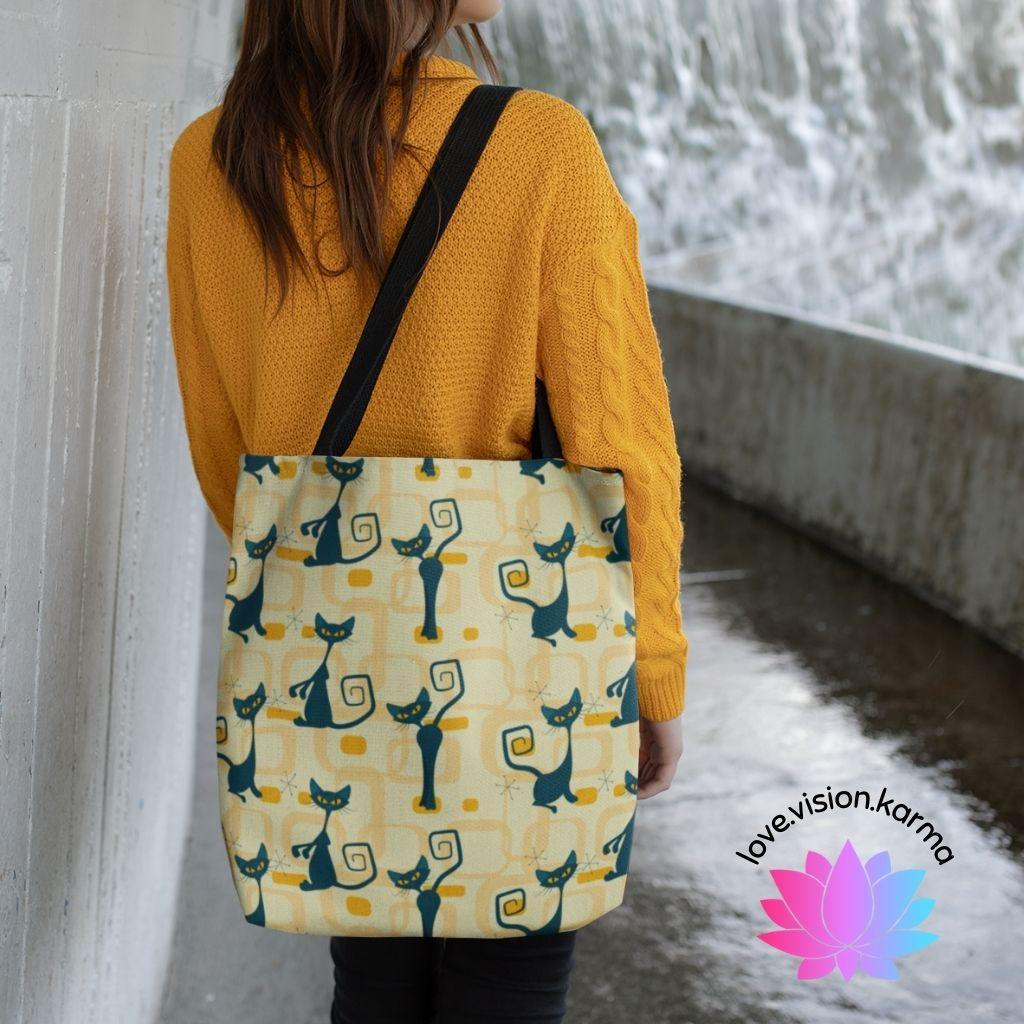 Retro Atomic Cats MCM Yellow Tote Bag | lovevisionkarma.com