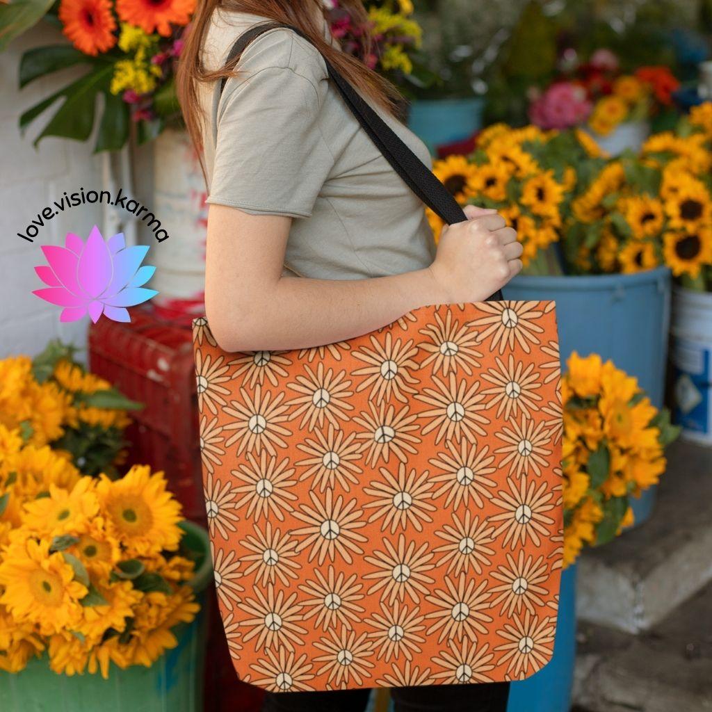 Boho Hippie Peace Flowers MCM Tote Bag | lovevisionkarma.com
