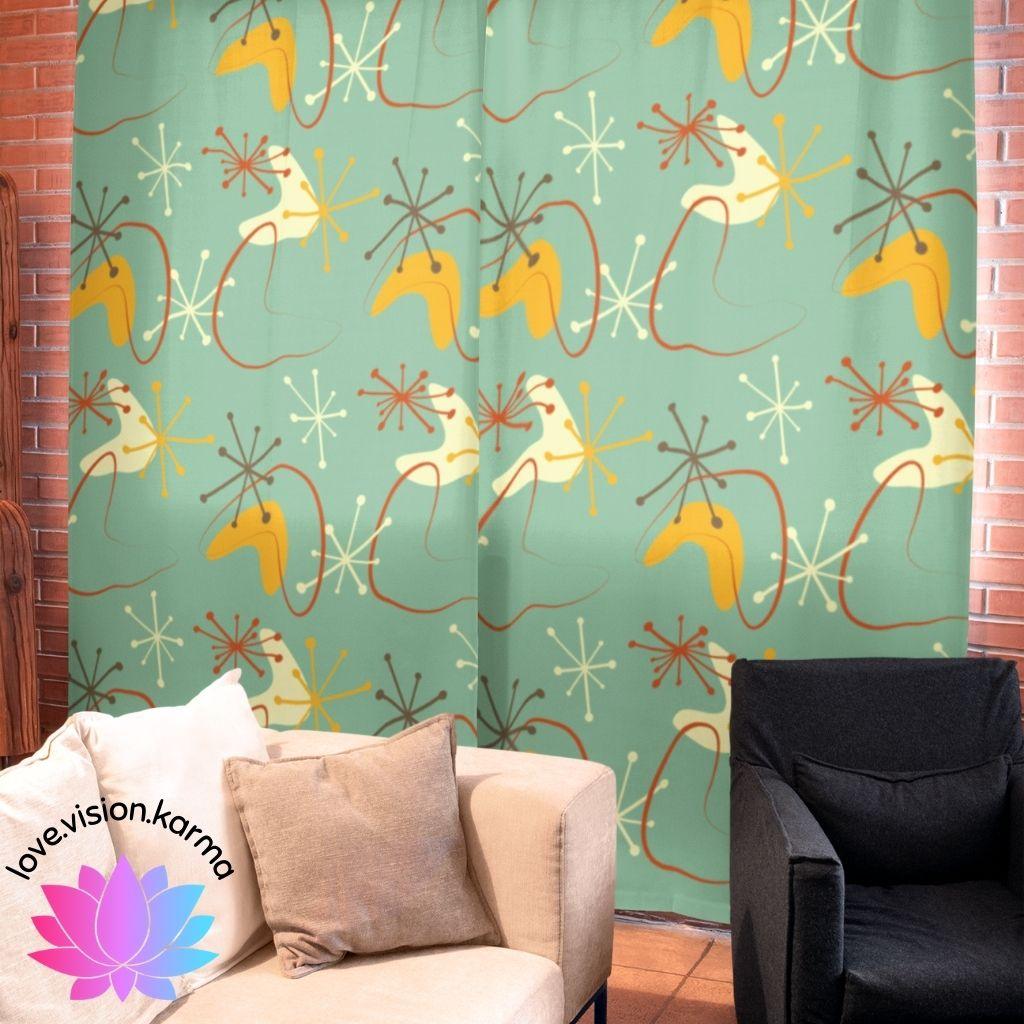Atomic Bursts & Boomerangs Mid Century Blue & Mustard Curtains | lovevisionkarma.com