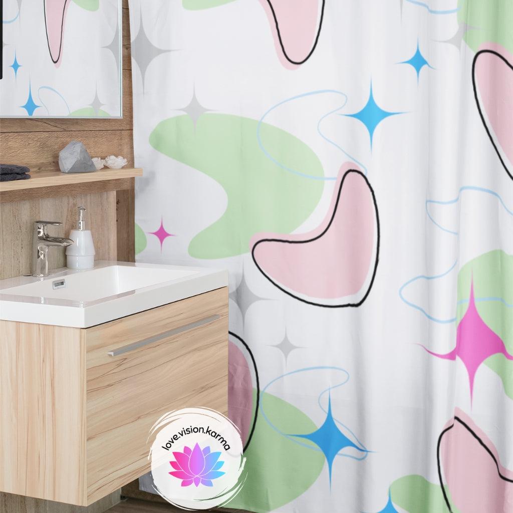 Retro Mid Century Atomic Starbursts & Boomerangs Multicolor Shower Curtain | lovevisionkarma.com