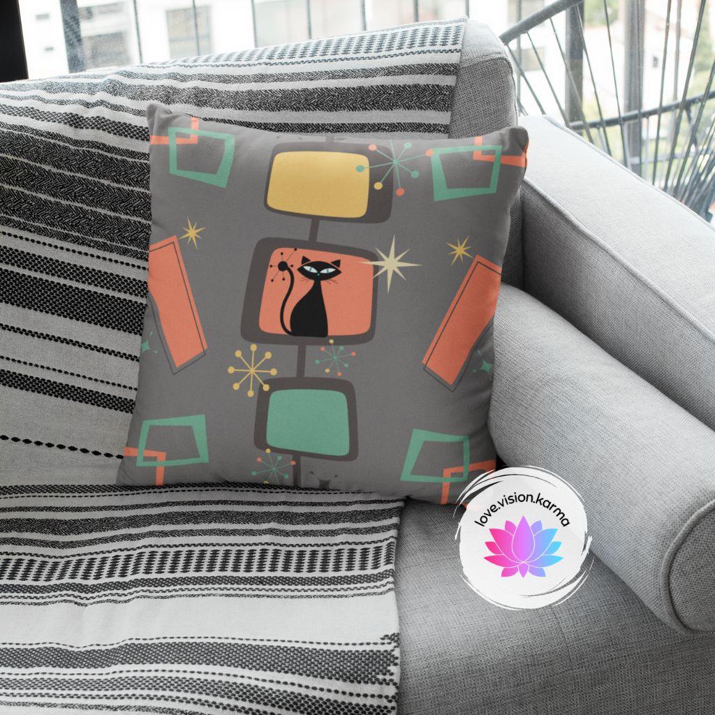 Retro Atomic Cat, Starburst Chic Mid Century Mod Coral & Gray Throw Pillow | lovevisionkarma.com