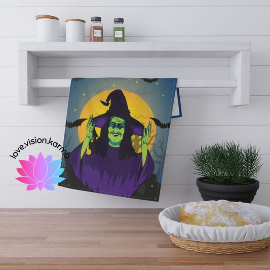 Retro Witch Funny Halloween MCM Kitchen Tea Towel | lovevisionkarma.com