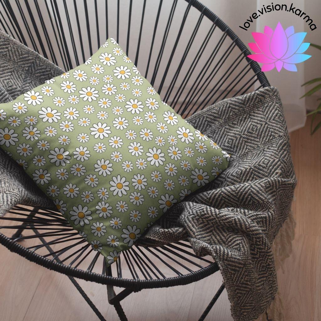 Boho Daisy Retro Flower MCM Sage Green Pillow | lovevisionkarma.com