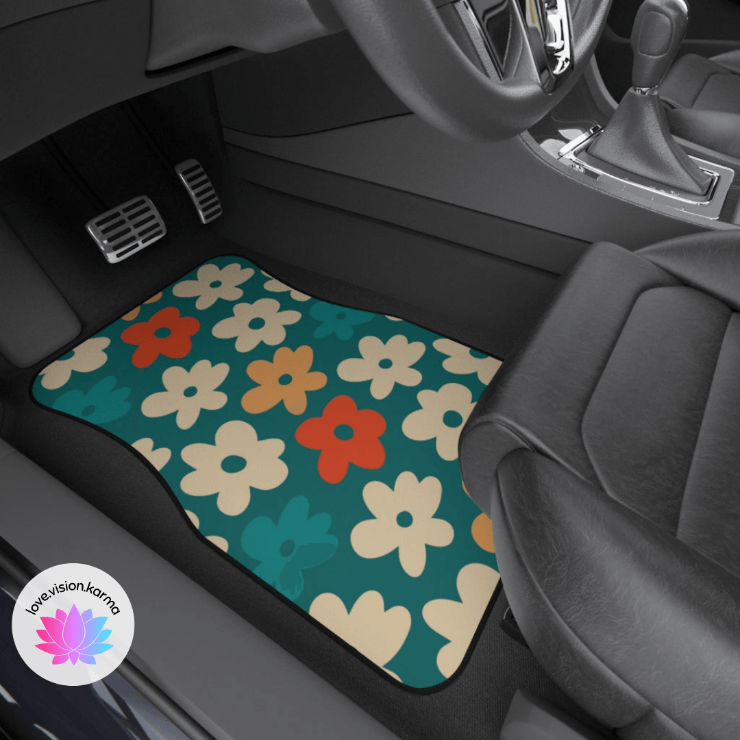 Boho Flowers Retro Orange, Yellow & Teal Car Mats (Set of 4) | lovevisionkarma.com