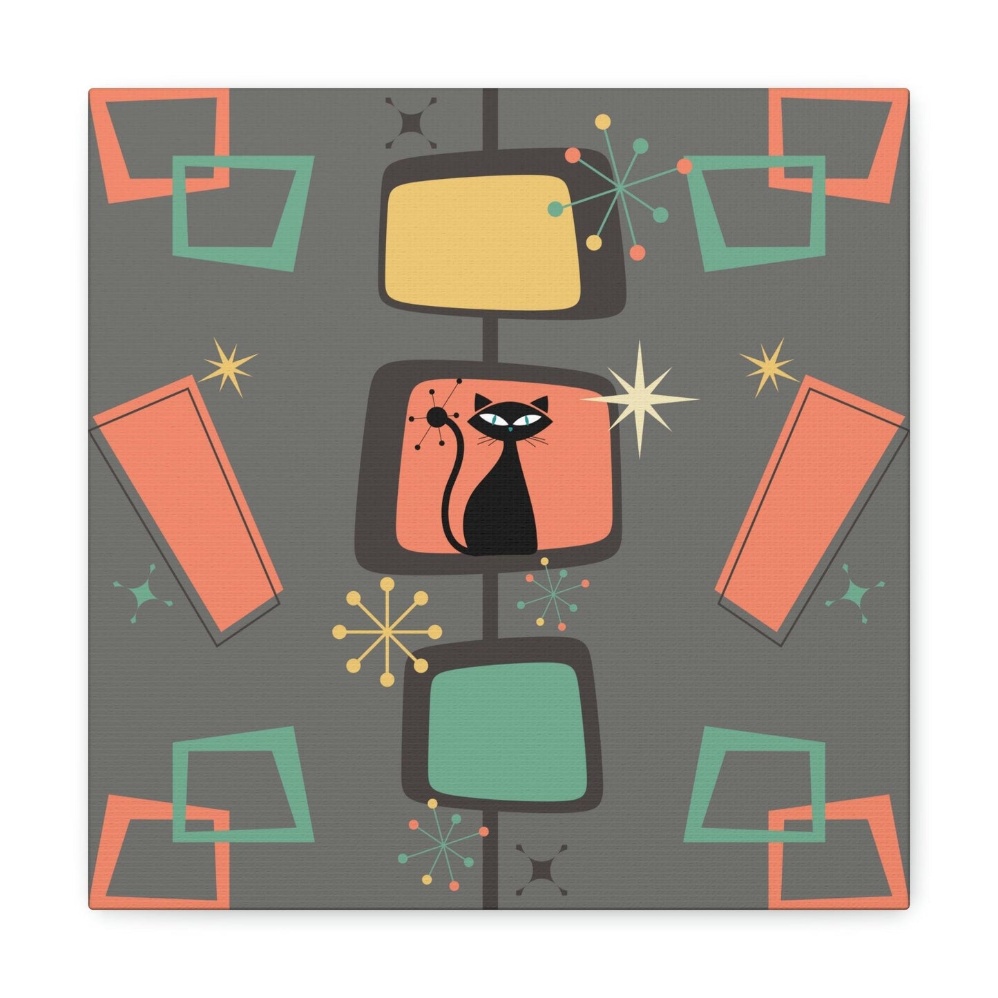 Retro Atomic Cat Mid Century Burst Chic Coral & Gray Canvas Gallery Wrap | lovevisionkarma.com