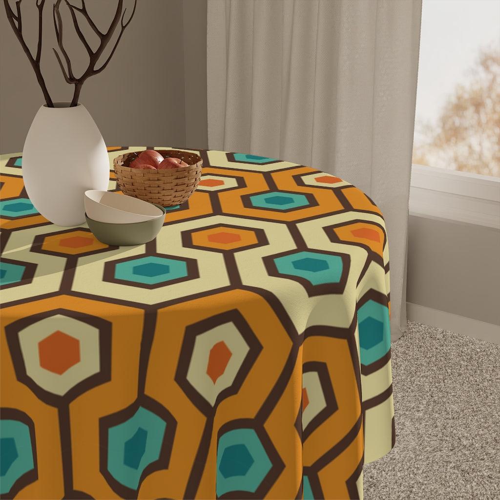 Retro Geometric Orange Hexagon Mid Century Modern Tablecloth | lovevisionkarma.com