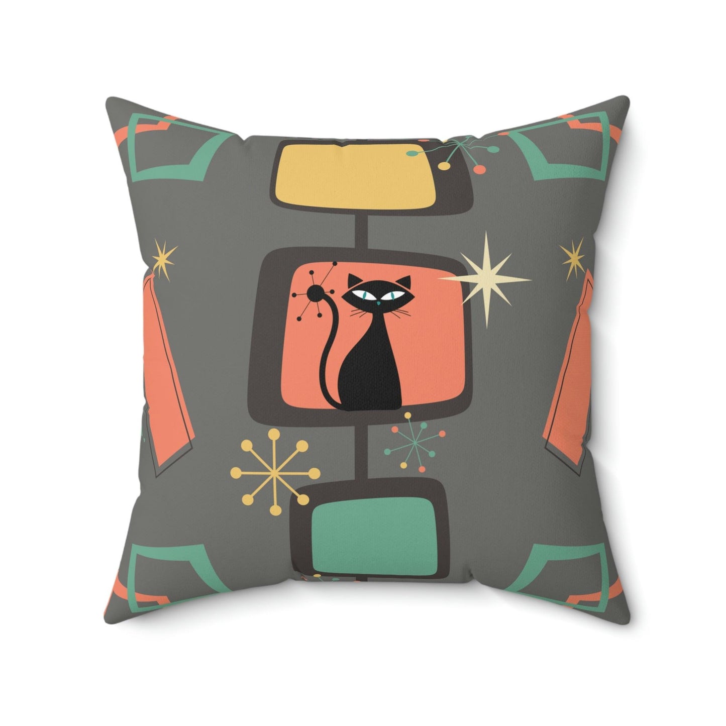 Retro Atomic Cat, Starburst Chic Mid Century Mod Coral & Gray Throw Pillow | lovevisionkarma.com