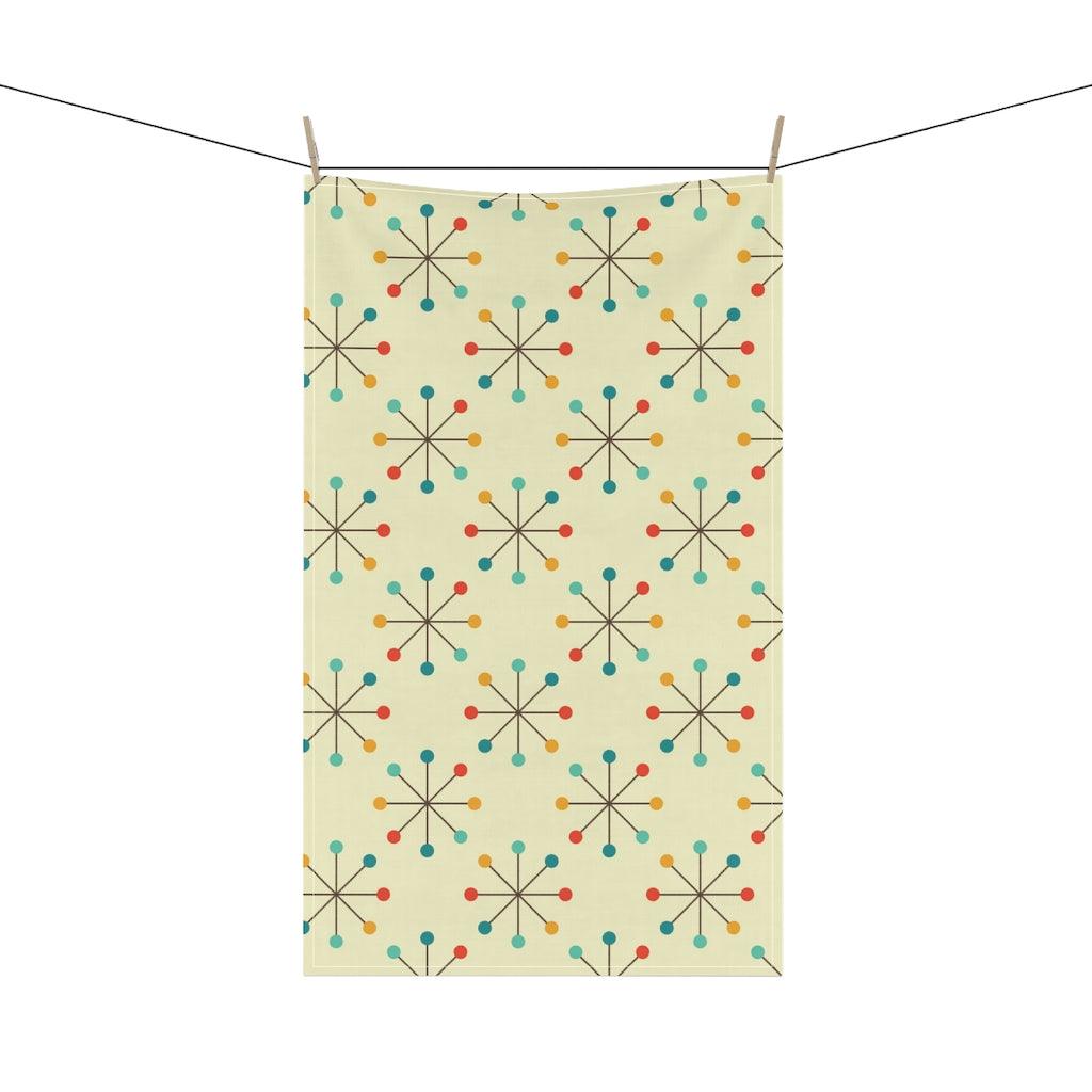 Retro 50's Atomic Starburst Orange, Teal & Cream MCM Kitchen Towel | lovevisionkarma.com