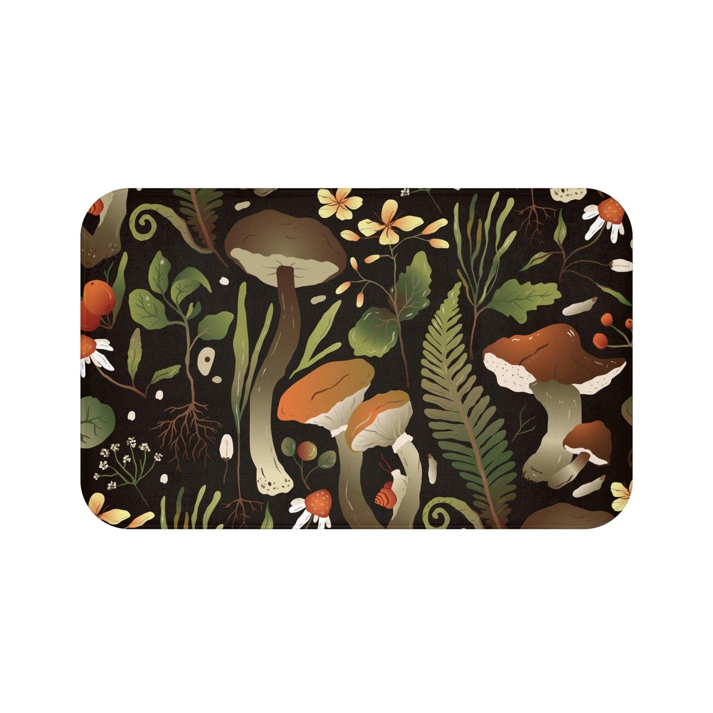 Mushroom and Snail Woodland Cottagecore Bath Mat | lovevisionkarma.com