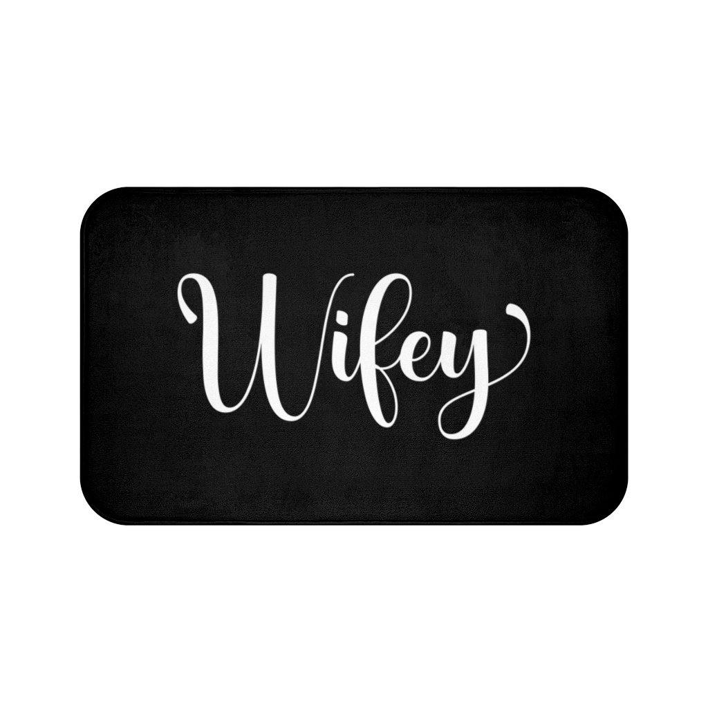 "Wifey" Black Modern Minimalist Bath Mat | lovevisionkarma.com