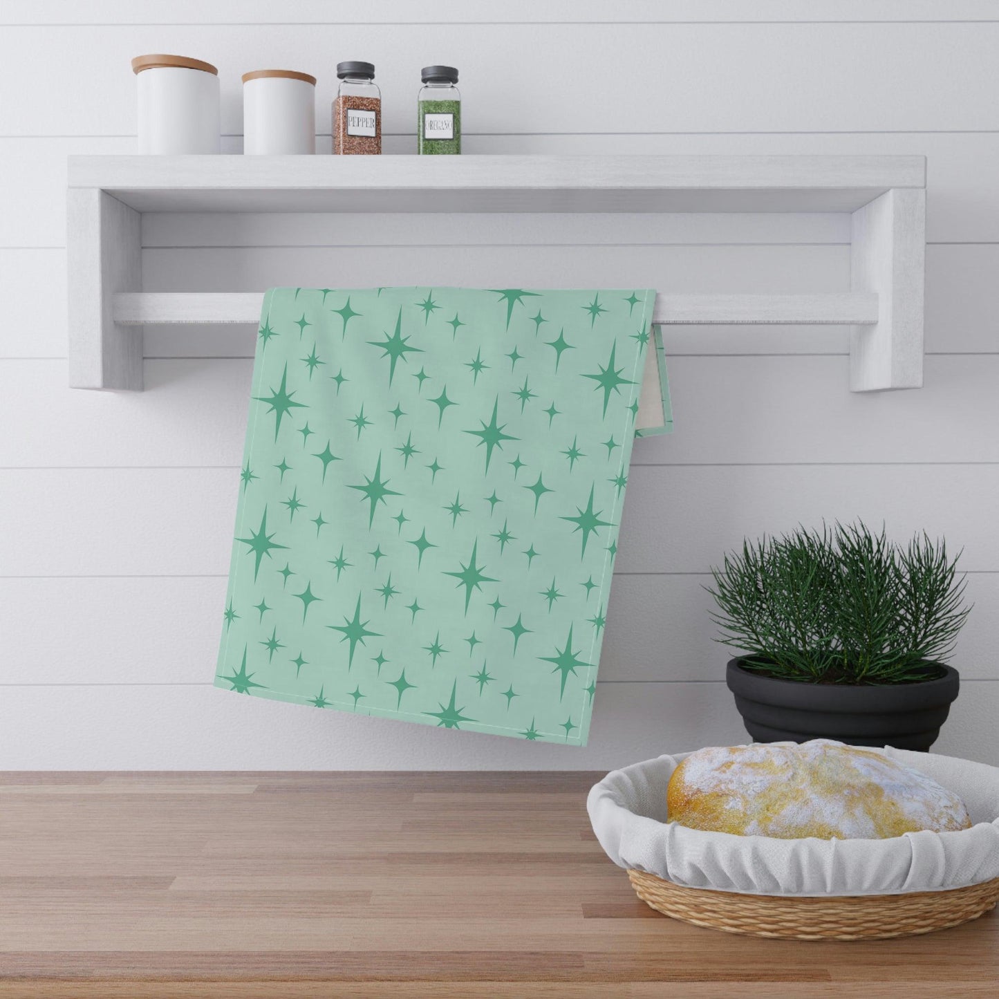 Retro 50s Atomic Burst MCM Mint Green Kitchen Tea Towel | lovevisionkarma.com