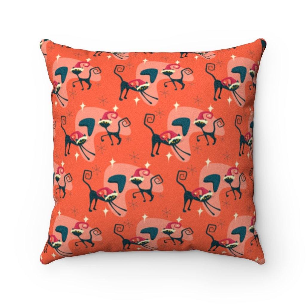 Retro Christmas Atomic Cats Mid Century Modern Red Pillow | lovevisionkarma.com