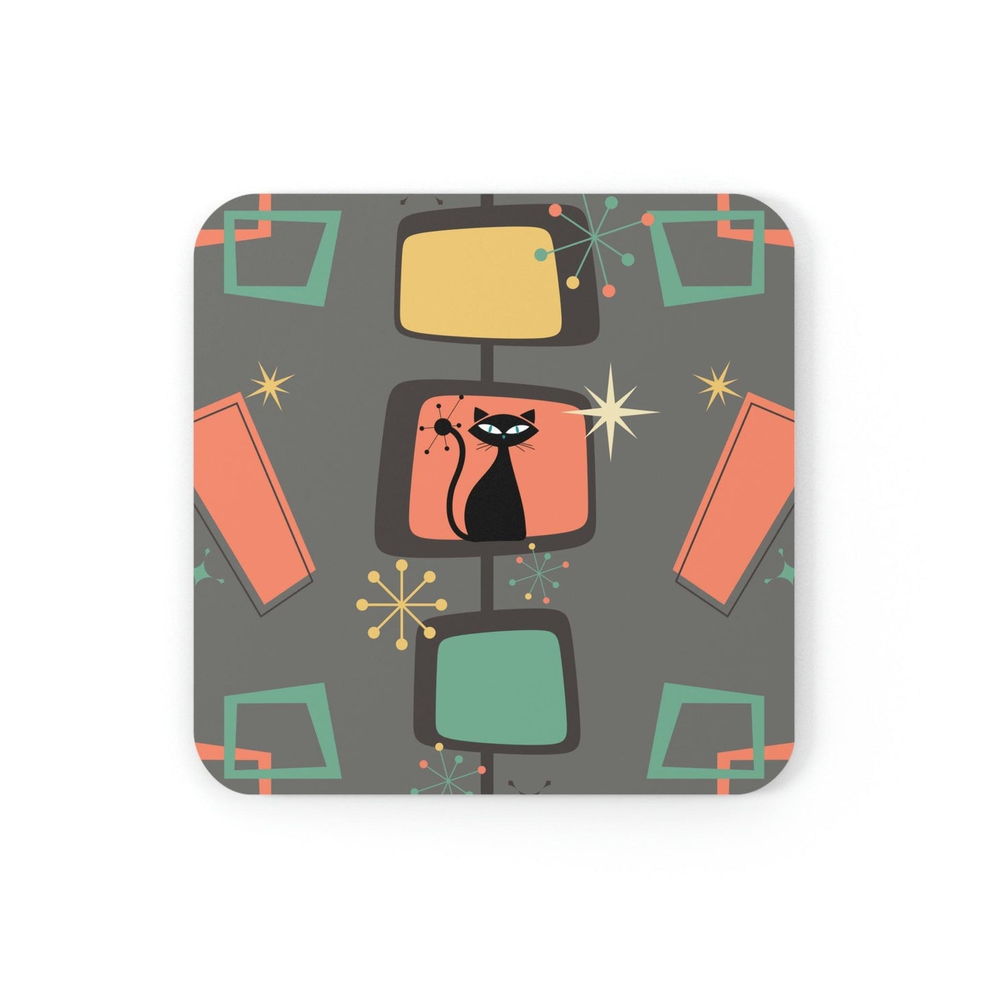 Retro Atomic Cat Mid Century Burst Gray, Coral & Green Coaster Set | lovevisionkarma.com