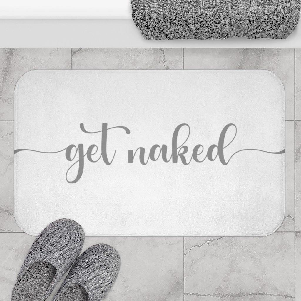 "Get Naked" White Funny Modern Minimalist Bath Mat | lovevisionkarma.com