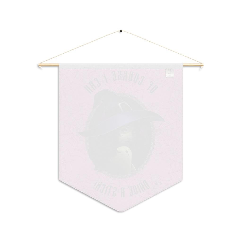 "Drive a Stick" Glam Witch Halloween Witchcore Pink & Purple Wall Pennant | lovevisionkarma.com