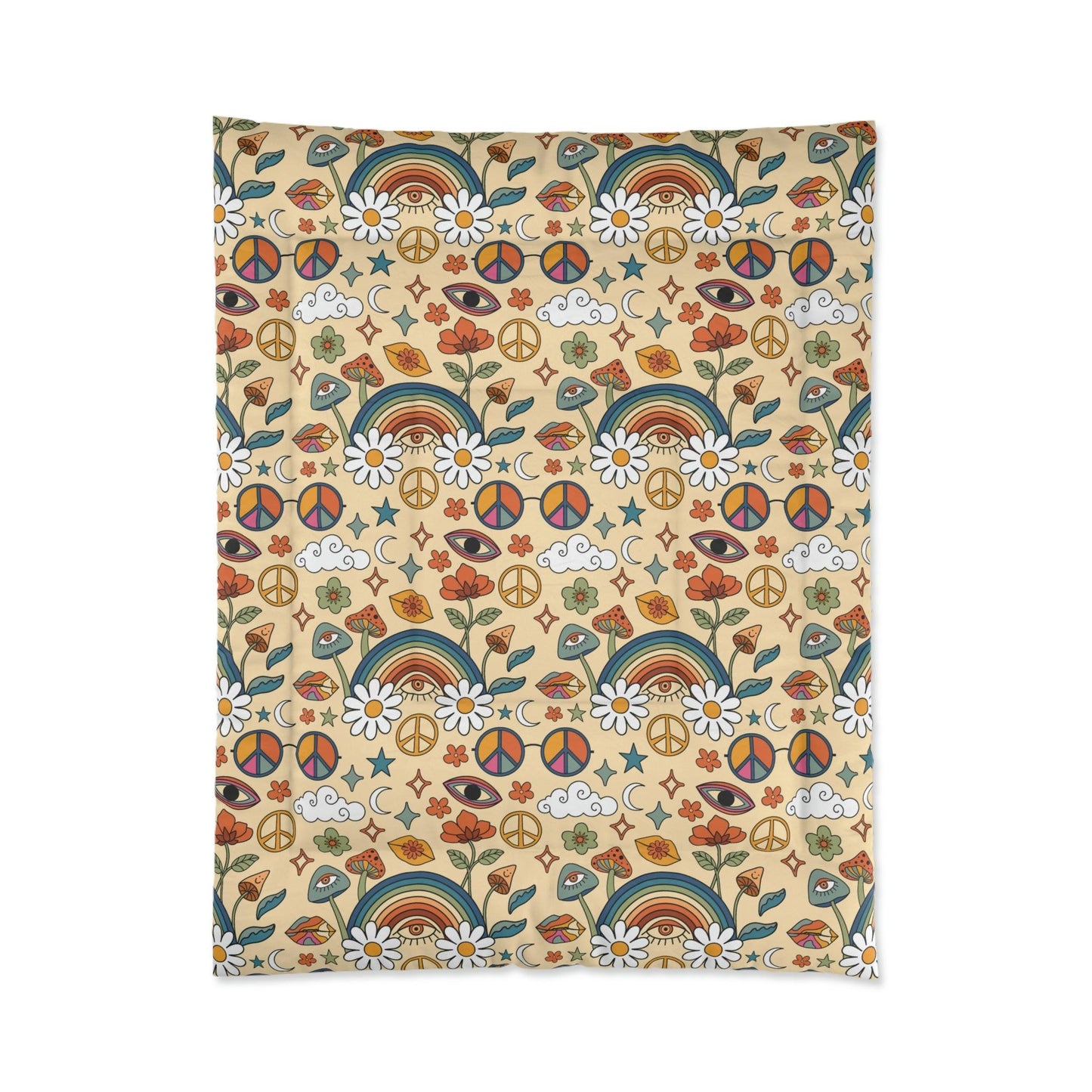 Boho Trippy Mushroom, Rainbow & Eye Hippie Cottagecore MCM Comforter | lovevisionkarma.com
