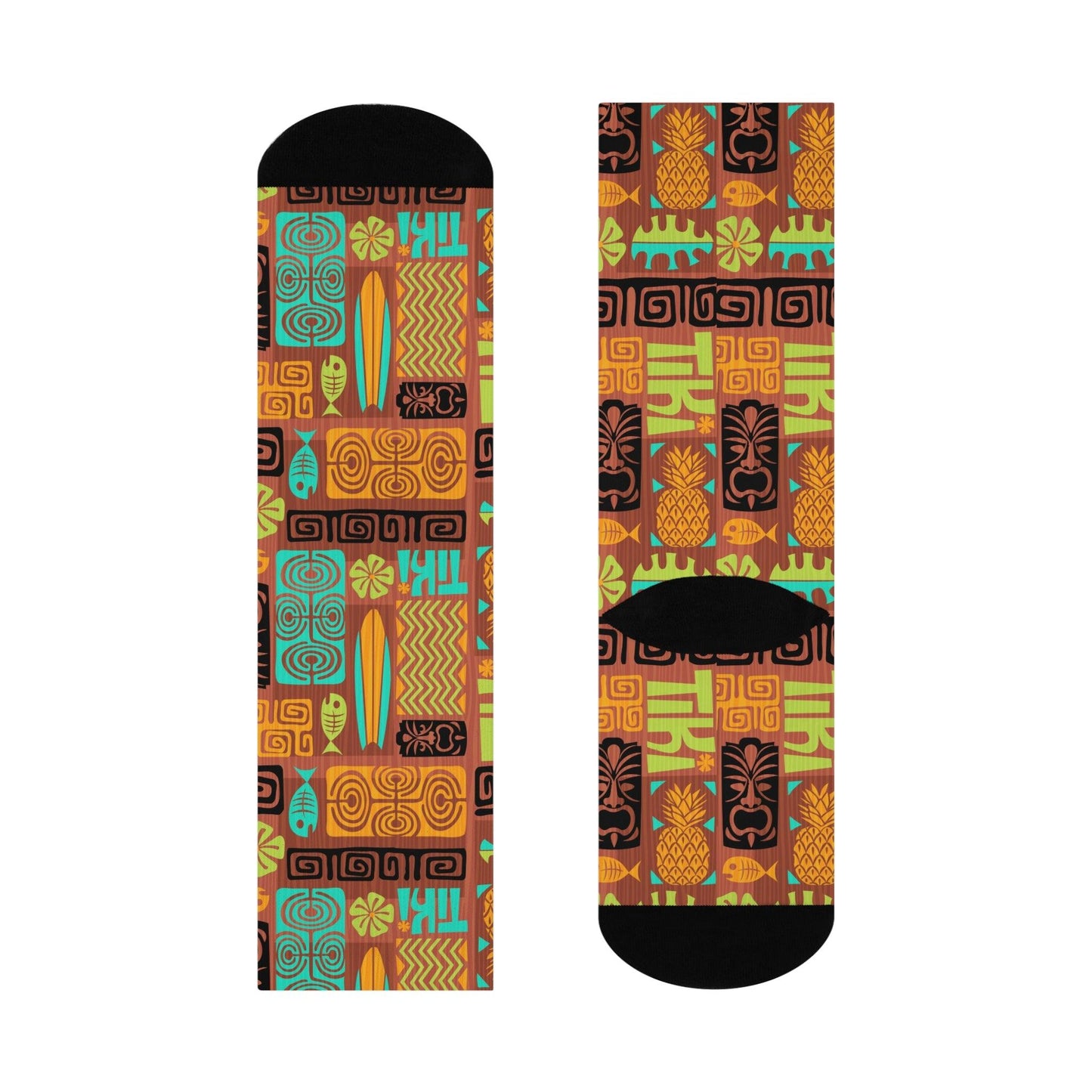 Tiki 60's Retro Mid Century Brown, Orange & Blue Cushioned Crew Unisex Socks | lovevisionkarma.com