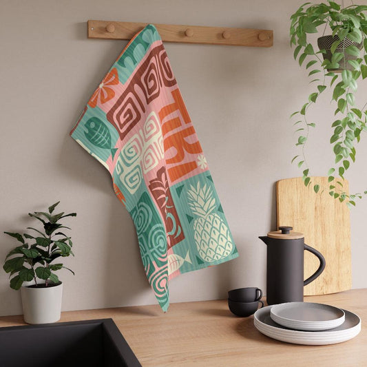 Retro 60's Tiki Pink & Green Kitchen Tea Towel | lovevisionkarma.com
