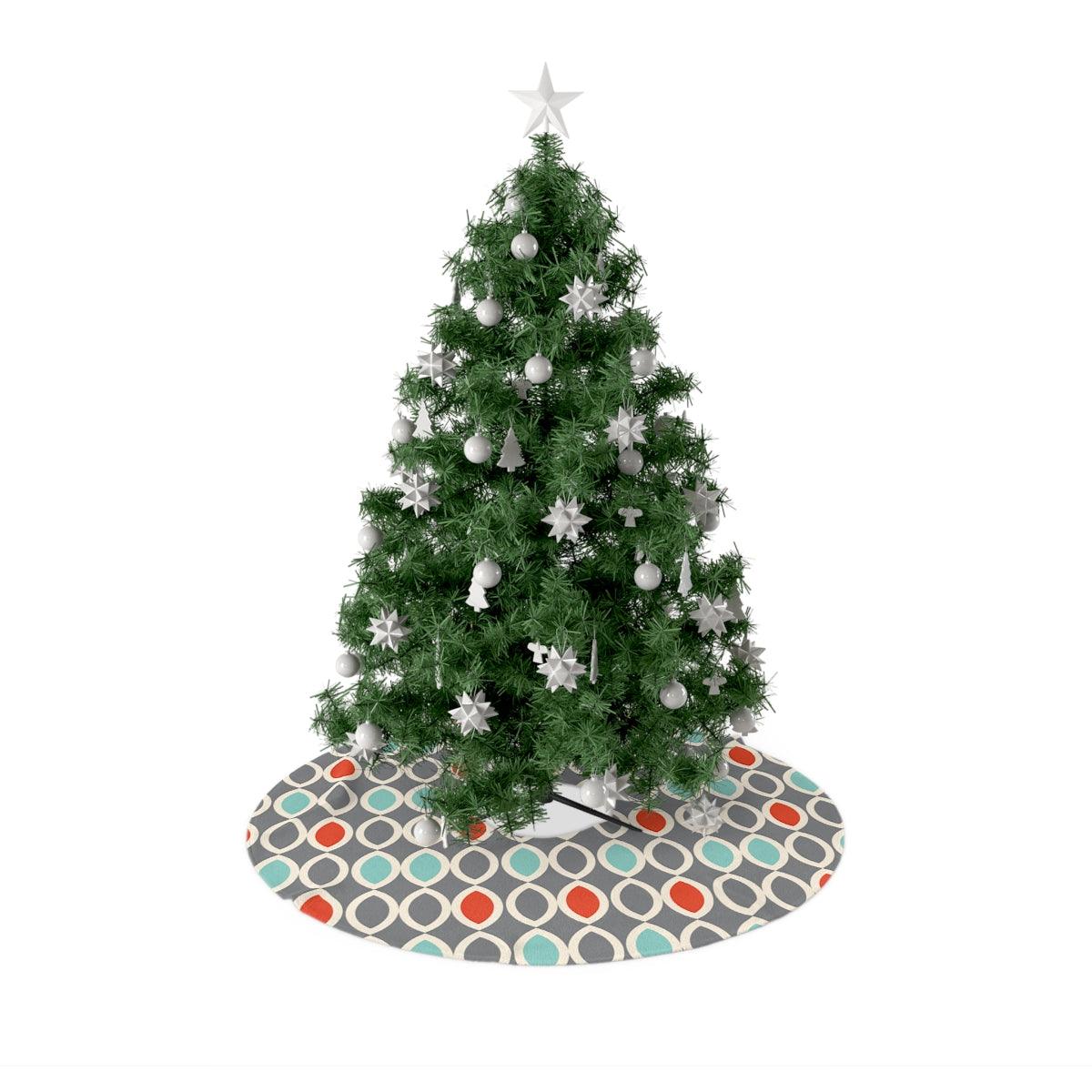 Mid Century Modern Ovals Gray, Blue & Orange Christmas Tree Skirt | lovevisionkarma.com