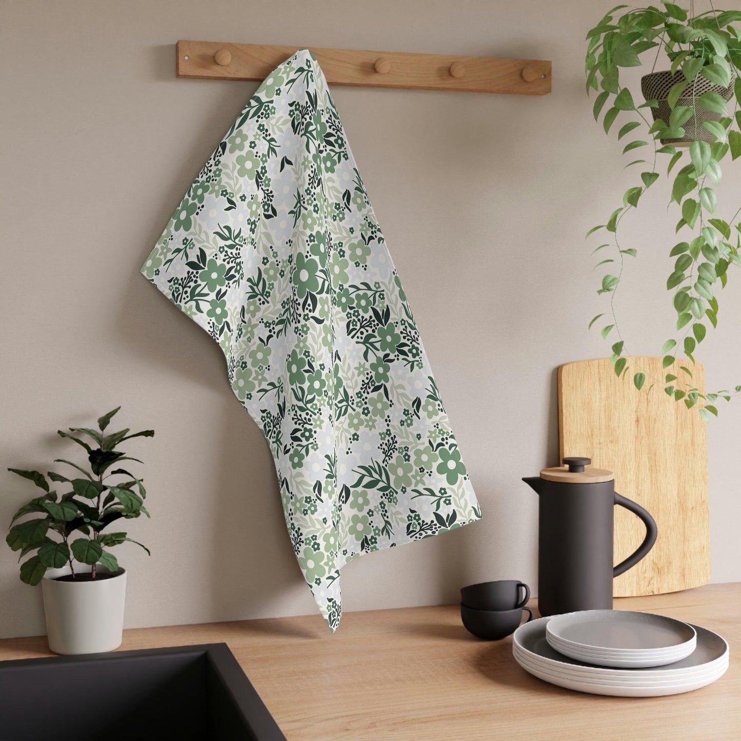 Minimalist Retro Floral Green Mid Century Kitchen Tea Towel | lovevisionkarma.com