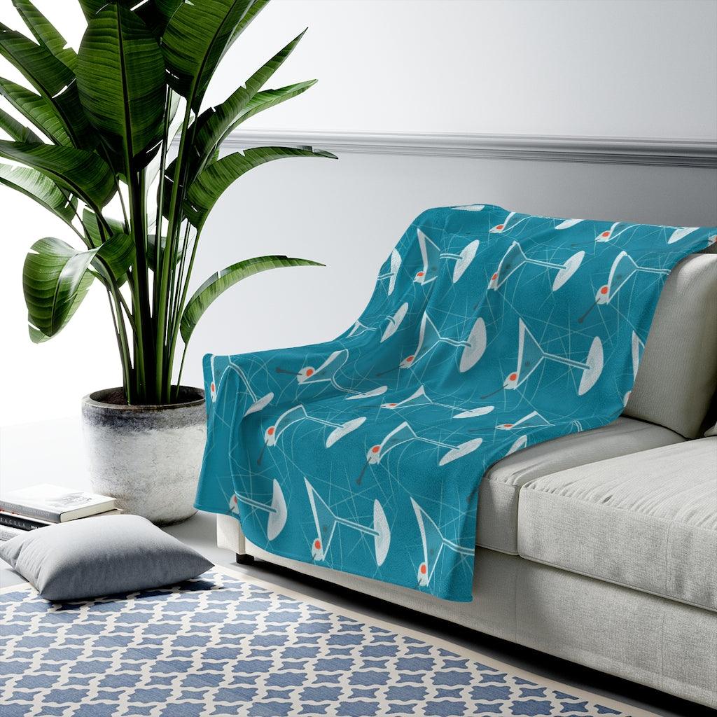 Retro Mid Century Martini Blue Lightweight Velveteen Blanket | lovevisionkarma.com