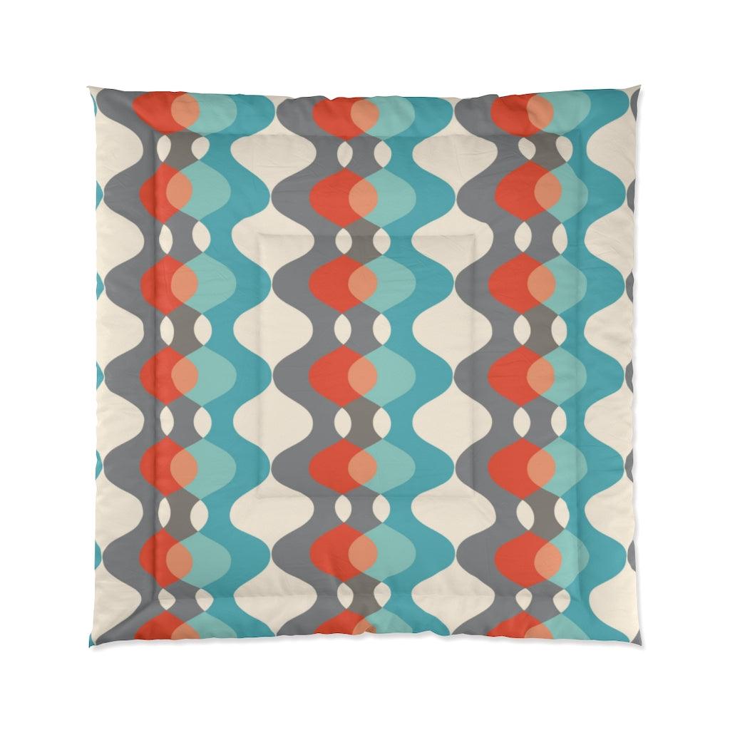 Mid Century Mod Wavy Lines Retro Orange, Blue, Off-White and Grey Comforter | lovevisionkarma.com
